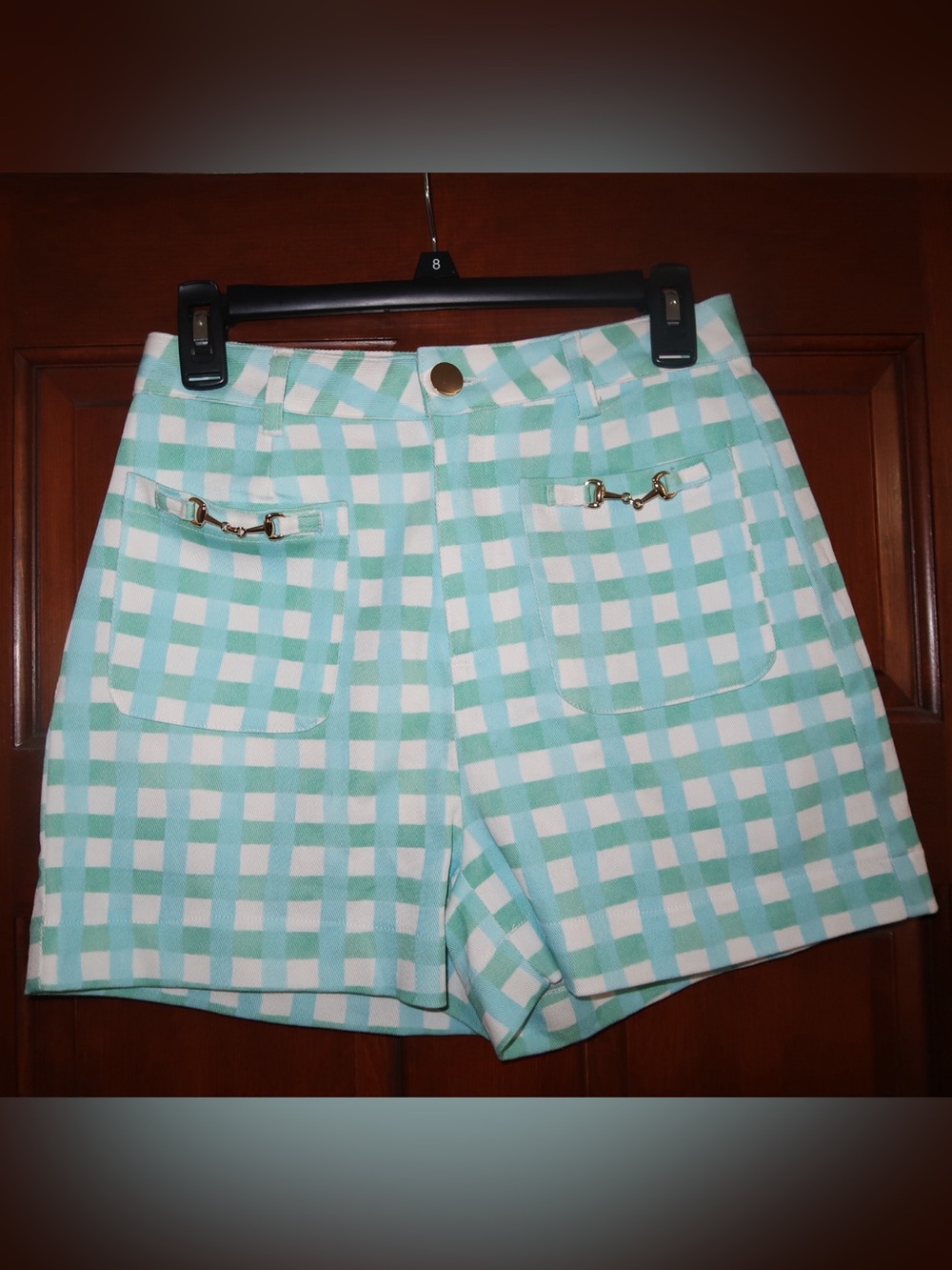 entro Mint and White Gingham Women's Shorts with Gold Accents